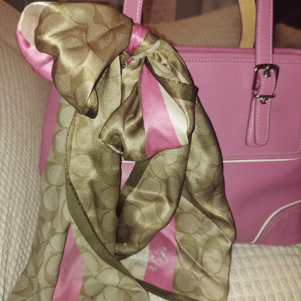 Coach Signature Silk Charmeuse Khaki And Pink Long Scarf 60"Lx10"W